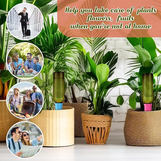 SiliFine 6 Sets Plant Watering Devices Include Terracotta Self Watering Spikes and 26 oz Plastic Bottles, Slow Release Vacation Insert Automatic Plant Waterer Device (Green and Mixed Color)