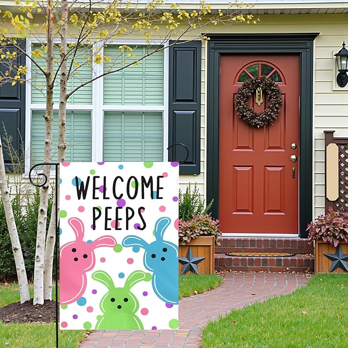 Welcome Peeps Garden Flag Easter Bunny Design Double Sided Outdoor Yard Flags Colorful Spring Porch Patio Lawn Farmhouse House Banners for Easter Egg Hunt Party Seasonal Home Décor 12x18 Inch