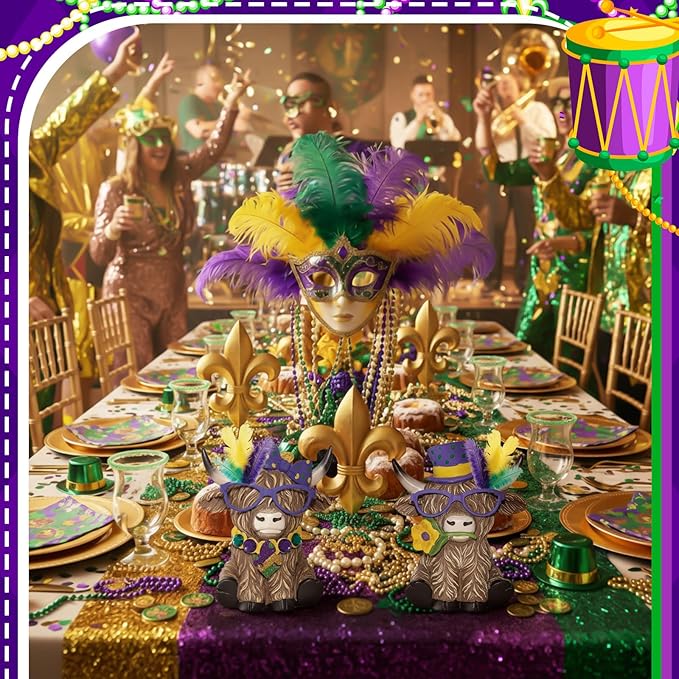 Simgoing 2 Pack Mardi Gras Highland Cow Figurines, Mardi Gras Masks Gnomes Carnival Masquerade Highland Cow Green Gold Purple Table Decor Scottish Resin Statue Calf Gift for Home Garden Kitchen Office