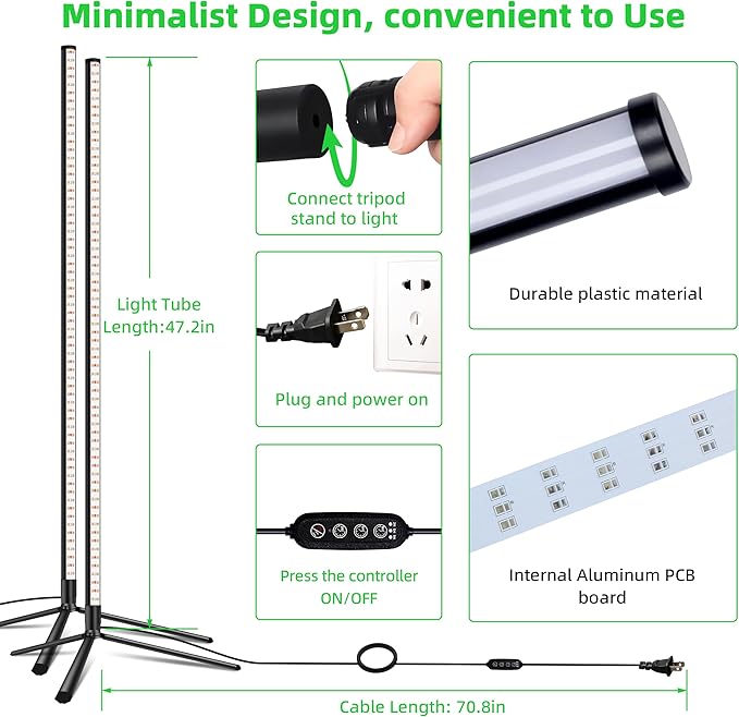 Standing Grow Light for Indoor Plants with Timer,42W Full Spectrum Vertical Grow Lights for Indoor Plants,4FT T8 243LED Plant Lights for Indoor Growing with On/Off Timer Function, 2 Pack
