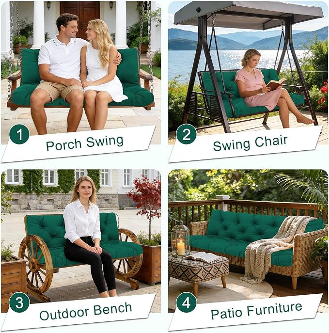 Porch Swing Cushions 48 inch Waterproof & Fade Resistant Thicken 5" Outdoor Swing Cushions 2 Seater Replacement with Backrest & Ties Patio Swing Cushions for Outdoor Furniture (Dark Green)