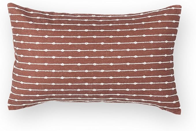 Crumbs Home Modern Farmhouse Fall Linen Indoor Outdoor Lumbar Pillow Cover Only, 12"x20" Water Repellent for Patio, Backyard, Couch, Rust Neutral Embroidered Stripes