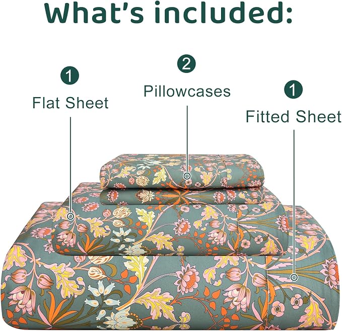 QSH Floral Egyptian Cotton Sheets Set King Size, Luxury Silk Feel Paisley Botanical Flower Pattern Printed King Bed Sheets Sets Aesthetic Soft and Breathable 4pcs Deep Pockets Bedding Sheets