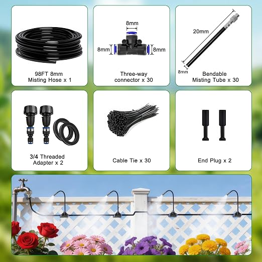 360° Adjustable Drip Irrigation System, 98FT Garden Watering System with 30 Nozzles, Water Sprinkler for Garden, Yard, Lawn, Greenhouse, Plants, Backyard Misting System