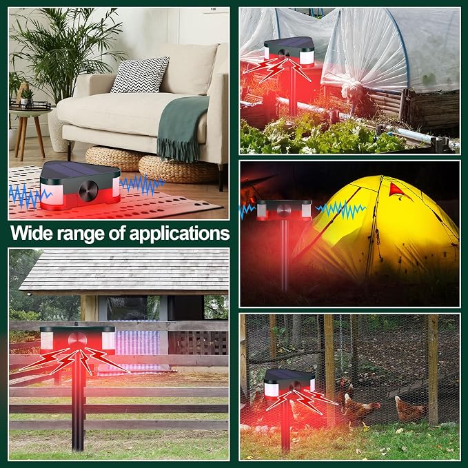 Qualirey 2 Pack 360° Solar Outdoor Motion Sensor Alarm 4 Modes Ultrasonic Animal Deterrent with 3 Loud 129dB Sirens Flashing Light Remote Control for Yard Garden Farm Repel Deer Coyote Raccoon Dog