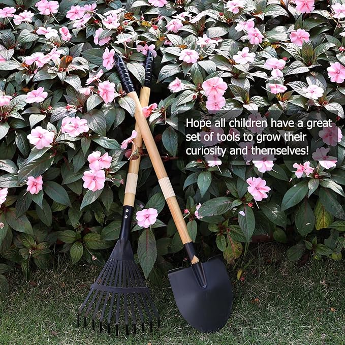 Kids Garden Tool Set, 2-Piece Rake and Shovel with Wooden Handles, 28 Inch Long, Black Metal Gardening Tools for Boys and Girls Digging Sand, Outdoor Toy Gifts for Sandbox