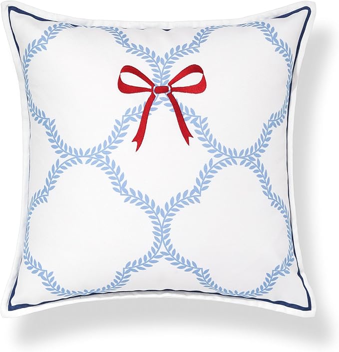 Hofdeco Premium Coastal Hampton Patio Indoor Outdoor Throw Pillow Cover Only, 20"x20" Water Repellent for Backyard, Couch, Poolside, Azure Blue Red Embroidered Ribbon Bow Tie on Leaves