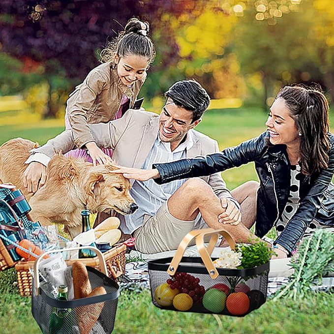 2 Pack Metal Picnic Baskets,Garden Basket,Metal Mesh Garden Harvest Basket with Foldable Wooden Handle,Storage Organizer Basket Hanging Kitchen Baskets Fruit Basket