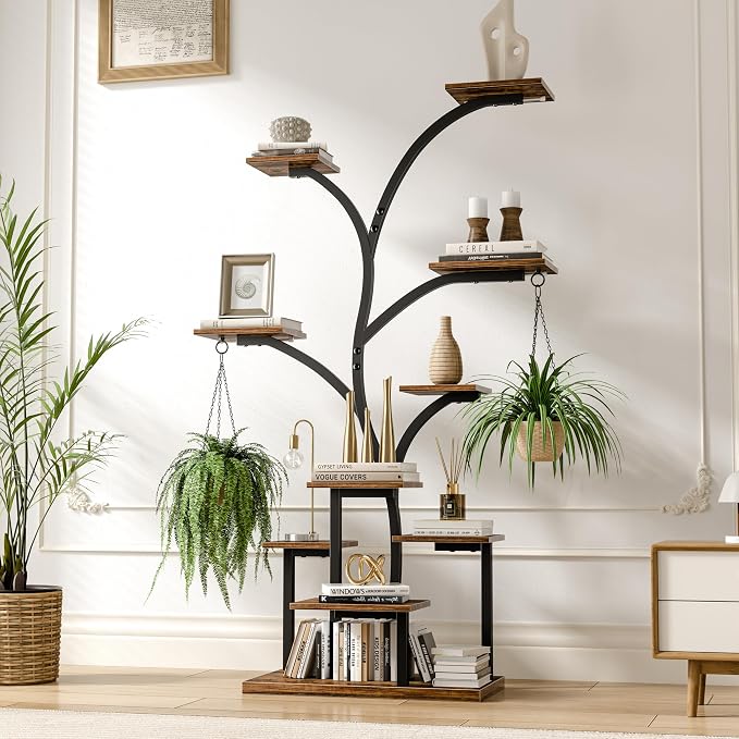VECELO Plant Stand with LED Light, 10-Tier Indoor Plant Shelf with Supplemental Lighting, Metal Frame & Wood Shelves with Hanging Hooks, Space-Saving Plant Rack for Living Room or Corner Display