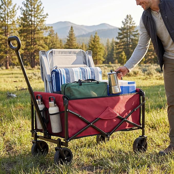 DUMOS Collapsible Wagon Cart, Heavy Duty Foldable Utility Wagon with Wheels – 220 lbs Capacity, Flexible Handle for Beach, Garden, Sports, Grocery & Camping, Red