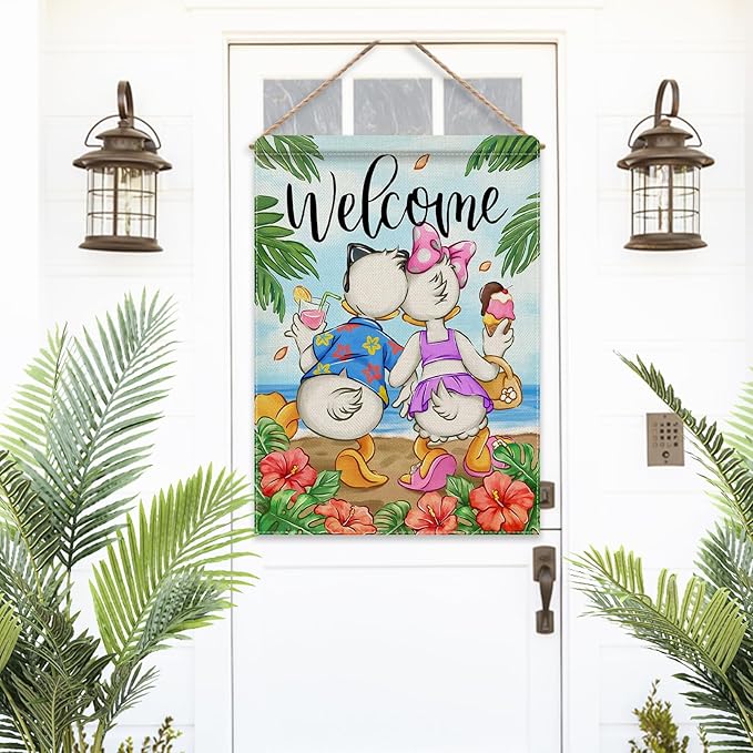 Selmad Welcome Summer Cartoon Duck Decorative House Flag, Beach Coastal Hibiscus Flower Tropical Home Yard Garden Outdoor Decor, Hawaii Nautical Seasonal Large Outside Decoration Double Sided 28 x 40