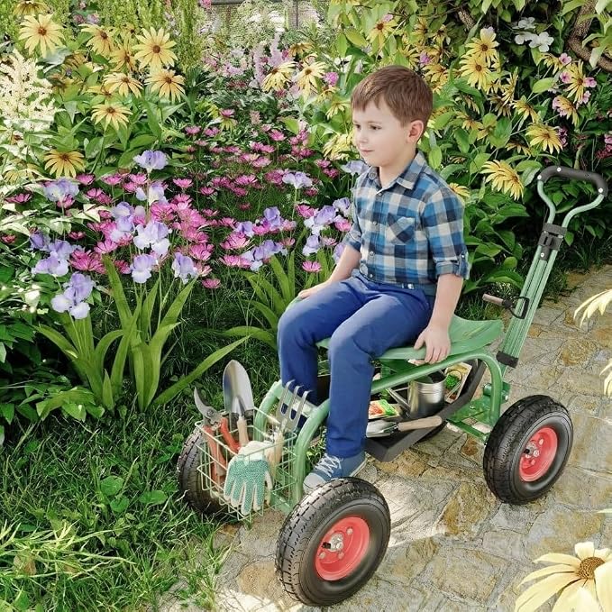 Garvee Garden Cart Rolling Workseat with Wheels, Gardening Stool for Planting, 360 Degree Swivel Seat with Steering Handle & Utility Tool Tray, Use for Patio, Yard, and Outdoors, Green