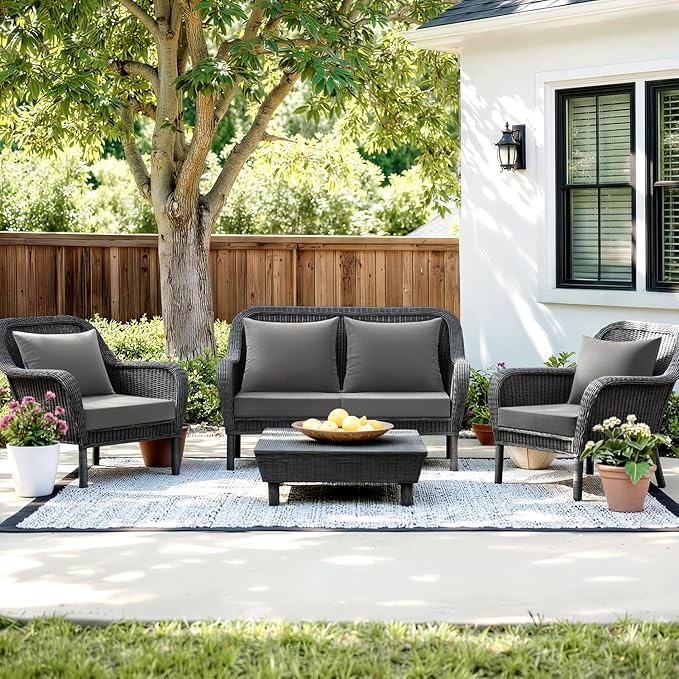 MIULEE Dark Grey Outdoor Seat Cushion Set 24x24 Inch Linen Textured Waterproof & 3 Year Color Fastness Seat and Back Cushion with Ties No Slip Design for Patio Furniture Chair Sofa Couch
