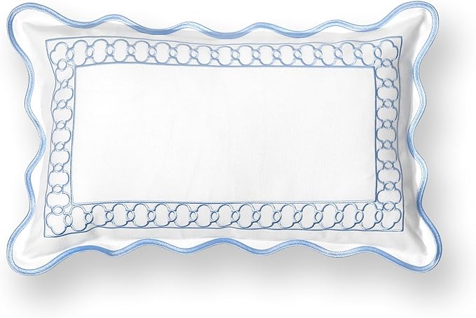 Hofdeco Premium Coastal Patio Indoor Outdoor Scalloped Lumbar Pillow Cover Only, 12"x20" Water Repellent for Backyard, Couch, Baby Blue Embroidered Begonia Pattern Chain Frame (Pack of 2)