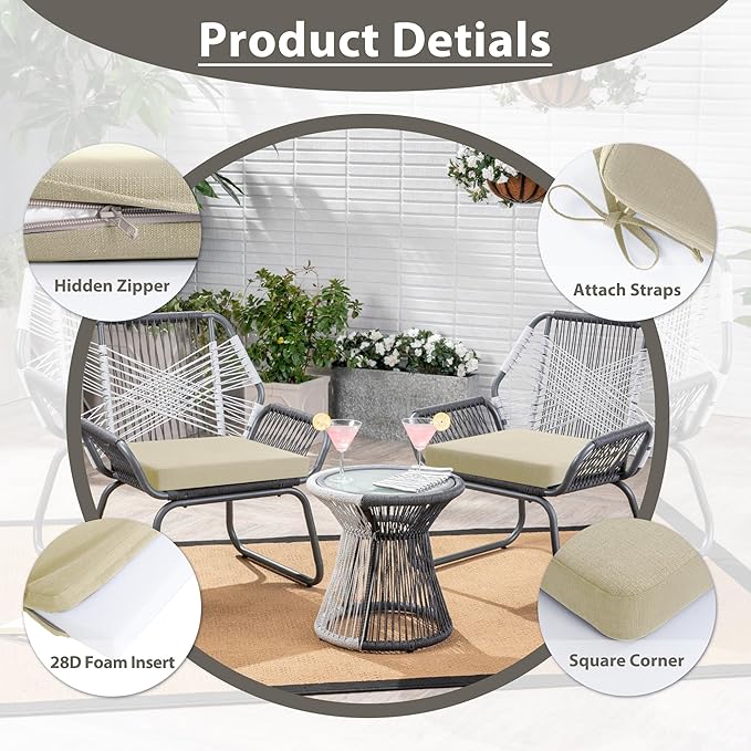 Favoyard Outdoor Chair Cushion Set of 4 Rainproof & Color Fade Resistant 19 x 19 x 2 in Square Corner Patio Furniture Cushions with Waterproof Hidden Zipper Attach Ties for Dining Table Chairs Seats