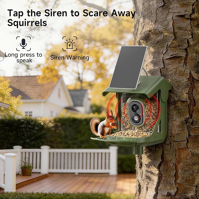 Smart Bird Feeder with Camera - Solar Powered, AI Bird Recognition, 2.4G WiFi 2.5K HD Video Live Stream, Full Color Night Vision, Instant Arrival Alerts, Weatherproof Bird House for Outside