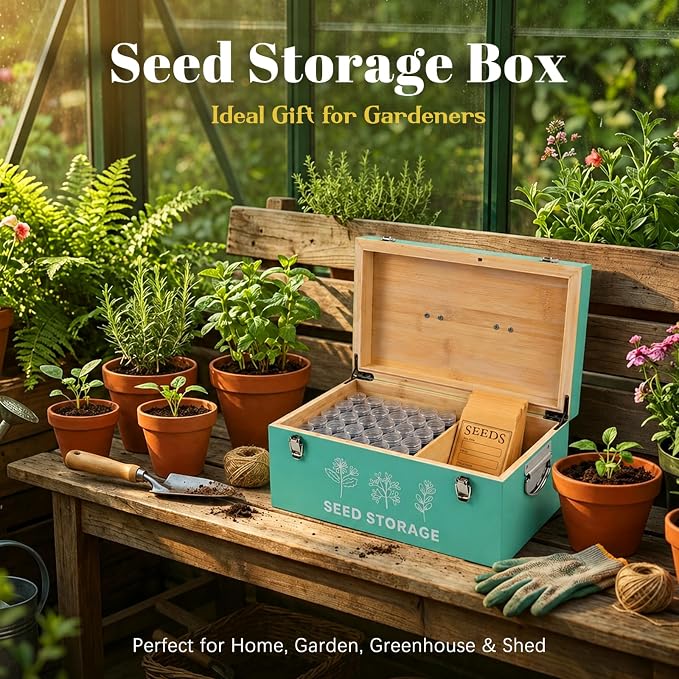 60 Slots Seed Storage Organizer, Bamboo Seed Saving Box with Lid and Safety Locks, Seeds Storage Container with 60 Seeds Envelopes and 64 Label, Perfect for Flower Plants Garden