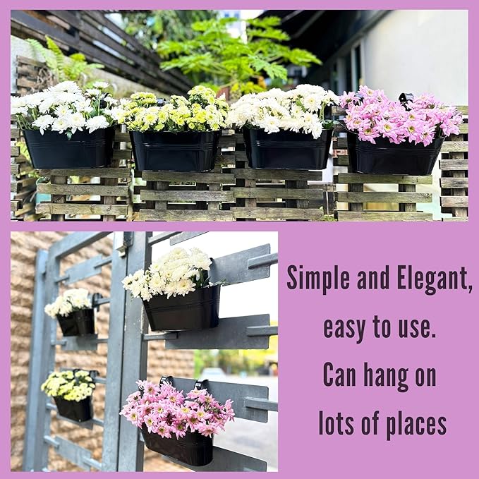 LaLaGreen Outdoor Plants Rail Planter (11.2 Inch, 8 Pack) Black Metal Iron Hanging Flower Pots Deck Railings Fence Buckets Modern Garden Boho Style Wall Mount Window Box Plant Holder Hooks Porch Decor