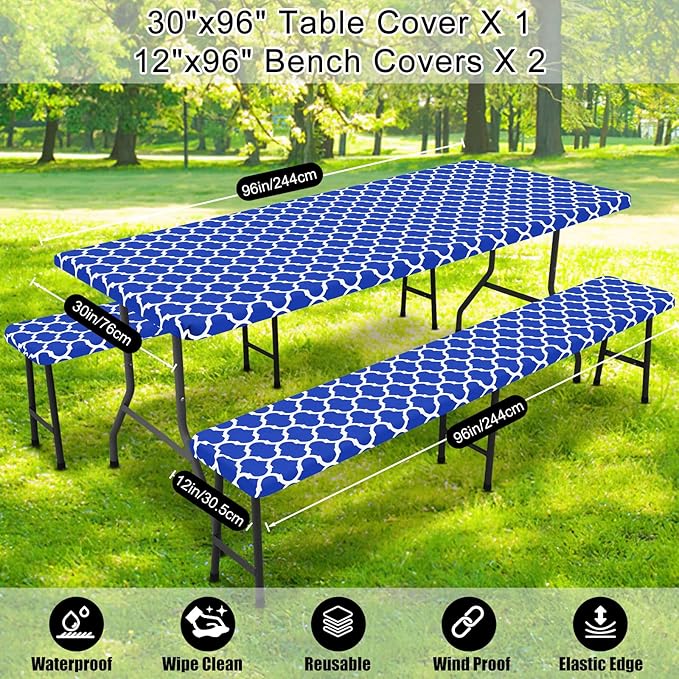 Smiry Picnic Table Cover with Bench Covers, Waterproof Elastic Fitted Tablecloth for 8 Foot Tables, Washable Polyester Tablecloths for Camping, Indoor & Outdoor (Blue, 30x96 Inch 3-pc Set)
