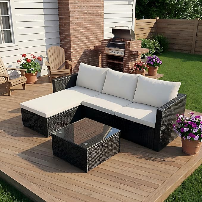 Shintenchi 4 Pieces Patio Furniture Sets, Outdoor Sofa Patio Sectional Sets All Weather, Wicker Rattan Seating Sofa Couch withwith Cushions & Coffee Table for Yard, Garden, Porch, Poolside (Beige)