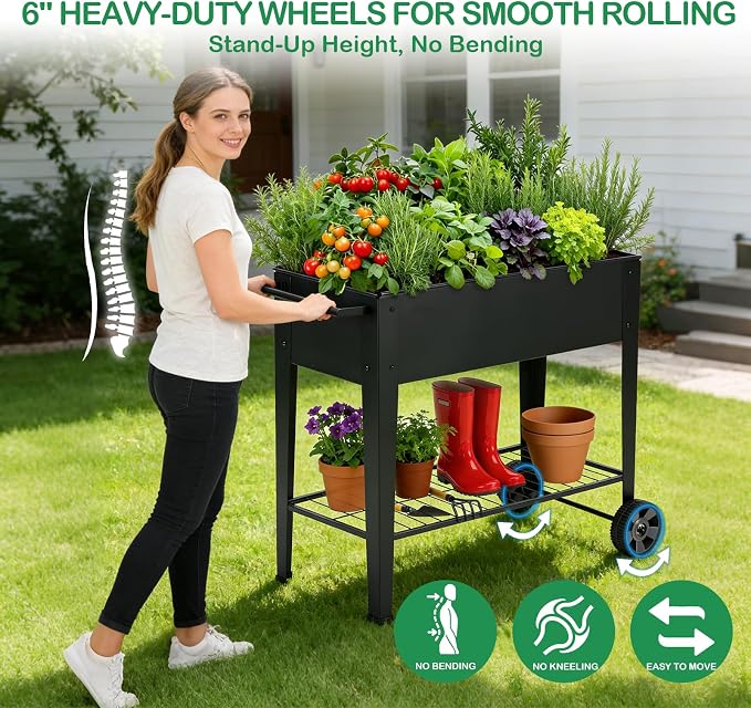 31.5" Tall Raised Garden Bed with Wheels, Extra 15.7" W Planter Box (400 lbs Loads) with Storage Shelf & Handle,Heavy Duty Metal Garden Planter for Vegetables, Herbs & Flowers, Patio & Balcony