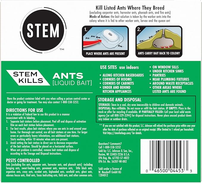 STEM Liquid Ant Baits, Kills The Queen and Colony, for Indoor Use, 12 Spill Proof Bait Stations