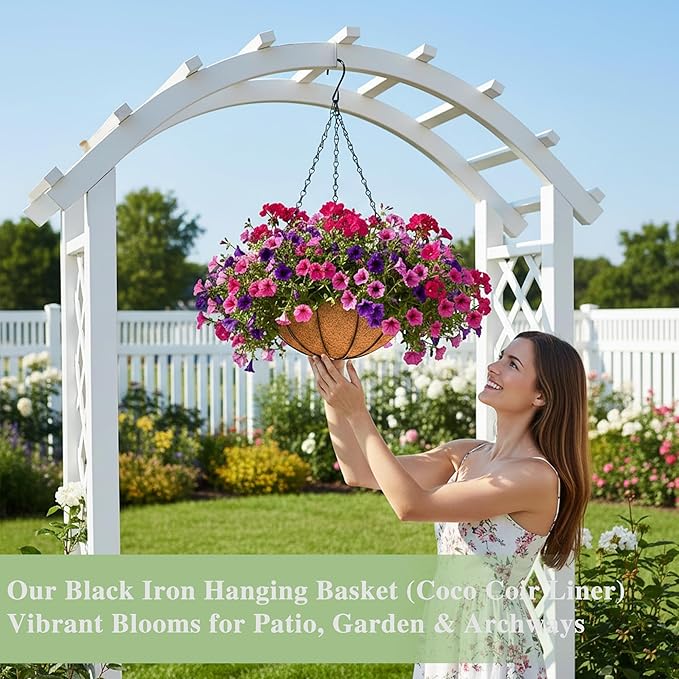 EIMQUVW Outdoor Metal Hanging Planters Basket (2pack, 12 inch) Hanging Baskets for Plants Chain Round Wire Plant Holder with Coco Fiber Liners for Garden, Patio, Deck, Porch