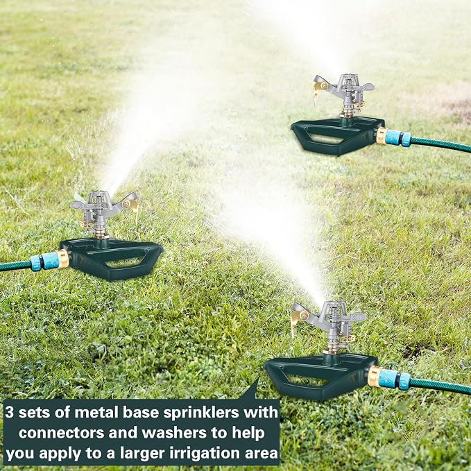3 Sets Rotating 360 Degree Swivel Garden Sprinkler Pulsating Impact Sprinkler with Metal Base, Heavy Duty Adjustable Garden Hose Sprinklers System for Large Area Lawn Yard(Small Head)