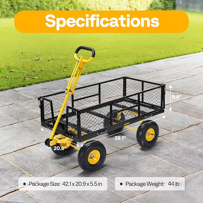 VIVOHOME Garden Cart Steel Heavy Duty 900 LBS Yard and Garden Wagon with 10 inch Tire and Handle Attach to ATV or Tractor Black