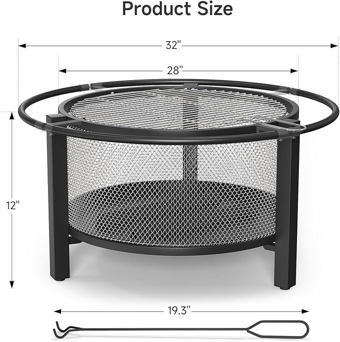 ONBRILL 2-in-1 32 Inch Fire Pit with Cooking Grill, Outdoor Wood Burning Firepit with Poker for BBQ, Bonfire, Picnic, Party, Round Metal Fire Pit for Outside, Backyard, Patio