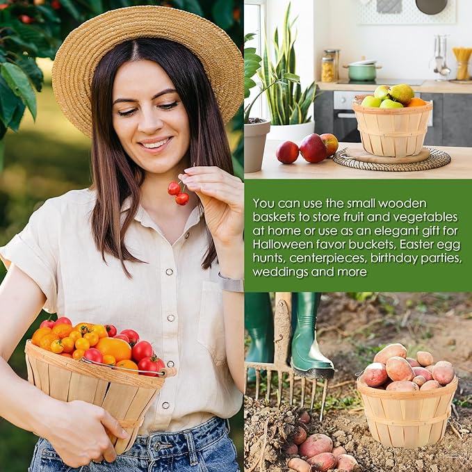 4 Pcs 6 Inch Tall by 9.5 Inch Diameter Round Wooden Baskets, Harvest Basket Garden Basket Food Service Display Baskets Wood Fruit Buckets with Handle for Party Favors Storage Organizing (Wood Color)