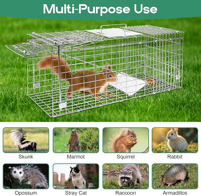 Humane Live Animal Trap Cage 26" × 9" × 10",Heavy-Duty Live Catch Cage for Raccoon, Squirrel, Stray Cats, Groundhogs, Armadillos, Opossums, Rabbits, Skunk, Mole, Small Wildlife Control