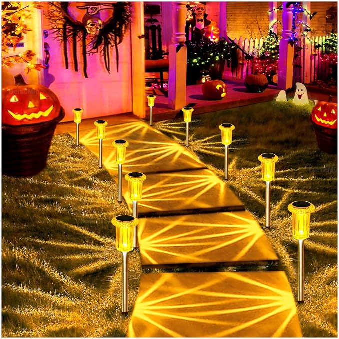 DenicMic Solar Fall Lights Outdoor Waterproof 10 Pack Orange LED Fall Decor | Yard Garden Pathway Walkway Patio Diamond-like Style Starburst Light Pattern, Acrylic/Stainless Steel, Autumn/Halloween Decor