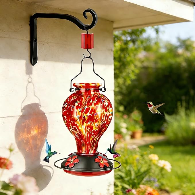 Hand Blown Glass Hummingbird Feeders for Outdoors Hanging, 24oz Wild Bird Nectar Feeder with Ant Moat and Perch, Bee-Resistant Ports, Garden Decor, Gifts for Women Mom, 1 Pack, Red Polka Dots