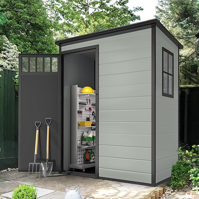 DWVO 5x3FT Outdoor Storage Shed with Fence-Style and Side Windows, Floor, Lockable Doors, Plastic Storage for Backyard and Garden, Blue-Gray