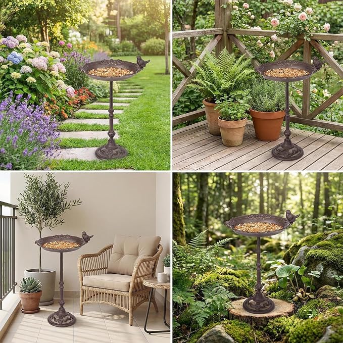 Sungmor Vintage Cast Iron Birdbath for Outside,15.6" Tall Bird Feeder with Adorable Bird Statue,Freestanding Oval Water Bowl,Distressed Brown Finish