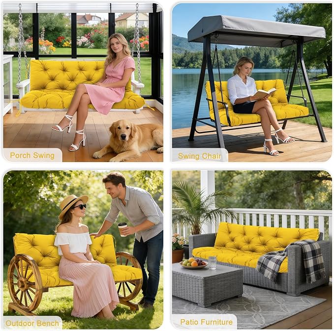 Porch Swing Cushions Outdoor 60 inch x 40 Waterproof Swing Cushions 3 Seater Replacement with Backrest & 8 Ties 5" Thick Bench Swing Cushions for Outdoor Furniture Patio(Yellow)