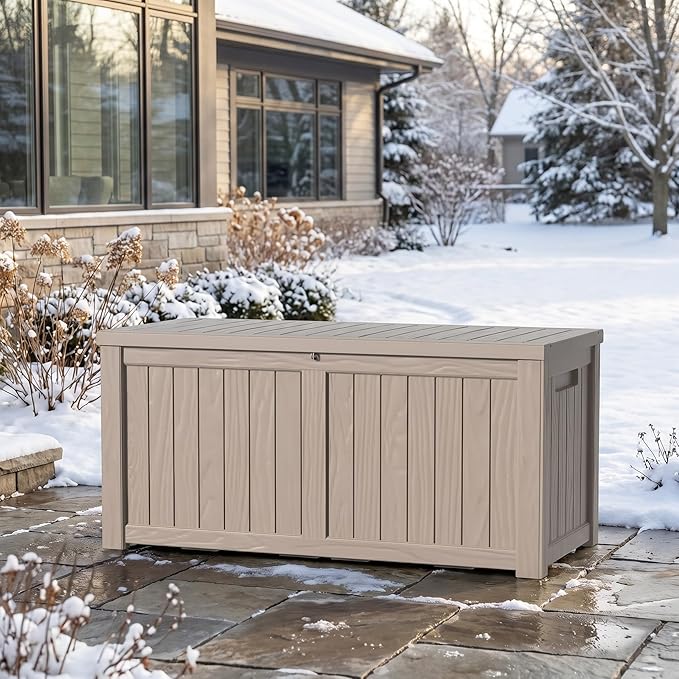 120 Gallon Outdoor Storage Box - Waterproof Resin Deck Box with Stainless Steel Rods - Lockable & UV Resistant Storage Bin for Patio Cushions & Garden Tools - Stylish Grey Design