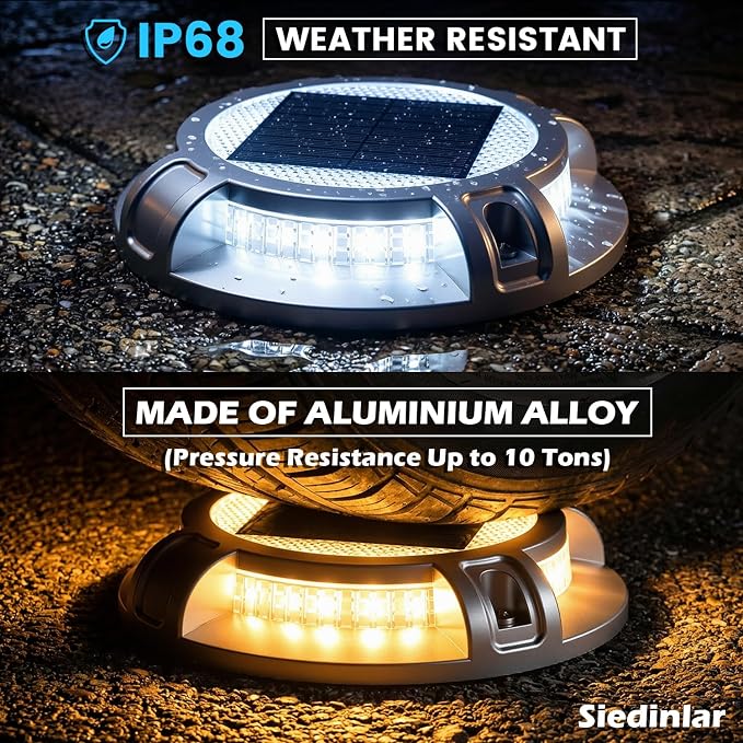 SIEDiNLAR Solar Driveway Lights Outdoor 4 Modes 40 LEDs Deck Driveway Markers Marine Dock Light Waterproof for Ground Walkway Pathway Step Garden Yard, White/Warm Dynamic Lighting (4 Pack)