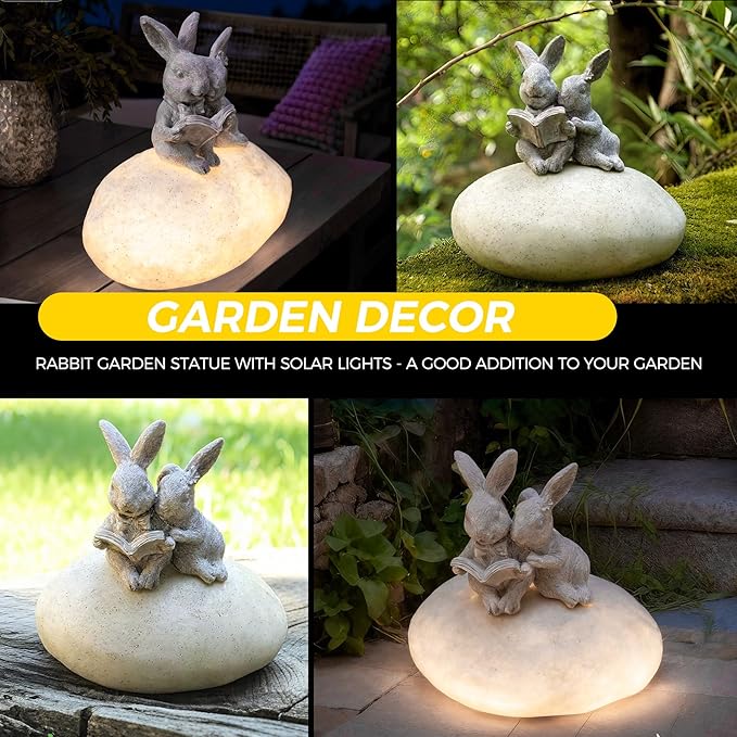 Solar Bunny Garden Statue with LED Light β Cute Solar Garden Decor Outdoor Rabbit Statue for Patio Yard Backyard Lawn, Bunny Decor Garden Statues, Easter Rabbit Gifts-Stone