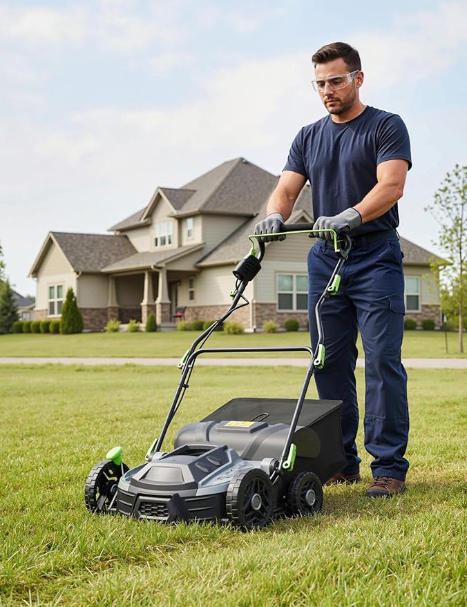 Electric Lawn Dethatcher Scarifier 15.5 Amp, 14-Inch Corded Dethatcher with 14.5 gal Collection Bag, 5-Position Depth Adjustment, 2-in-1 Aerator with Carbon Steel Blades for Spring Fall Lawn Care