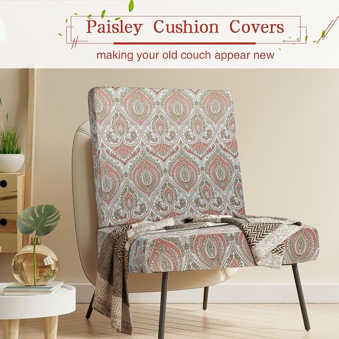 Newwiee 12 Pcs Patio Cushion Covers Outdoor Stretch Sofa Couch Cover Replacement Couch Slipcover Sofa Seat Chair Porch Patio Furniture Protector, Flexibility Washable(Red,Paisley Print)