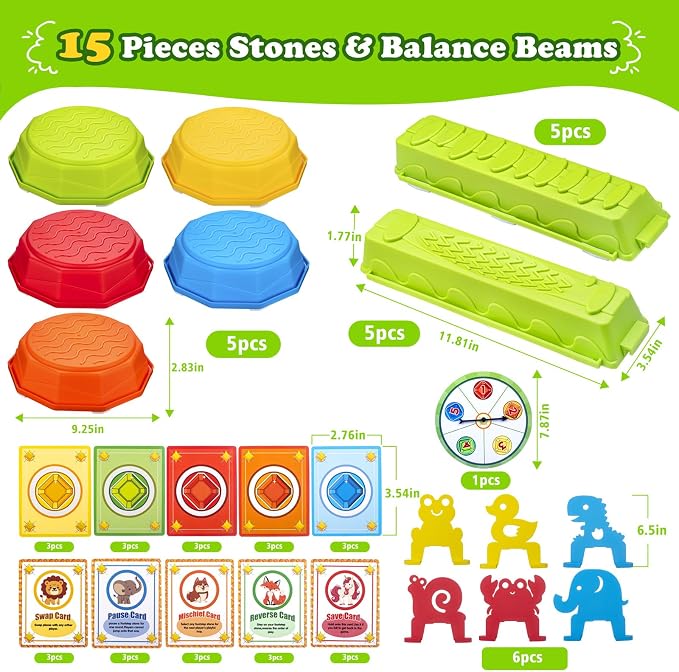 VROGTIK Stepping Stones for Kids, 15 Piece Balance Beams Toddler Stepping Stones Obstacle Course Sensory Toys with Game Spinner and Card for Indoor Outdoor Toys Gifts for 3 4 5 6 7 8 9 Years Old Kids