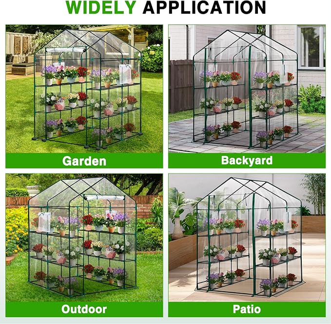 Yesker Greenhouse 57.5"x57"x77" Walk In Green House - Large Outdoor/Indoor Greenhouses with 8 Shelves Waterproof PVC Cover & Windows, Portable Greenhouse Kit for Winter Backyard Gardening Patio, Clear