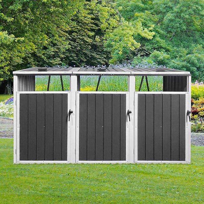 YOPTO 60 Cu.Ft Trash Bin,Waterproof Trash Bin Outdoor Enclosure,Metal Garbage Bin Storage Shed Stores,with 3 Cans,Lid and Lockable,Sheds House Shelter w/Ventilated,for Campsites,Courtyards,White Lime