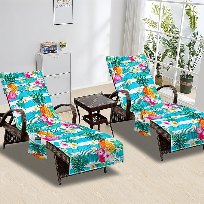 Lounge Chair Towel Cover, Beach Chair Cover (Pack of 2), Pool Lounge Chair Covers for Outdoor,Garden, Beach,Sun Lounger,Hotel Pool,Large Size and No Sliding, 85" X 30", Pineapple