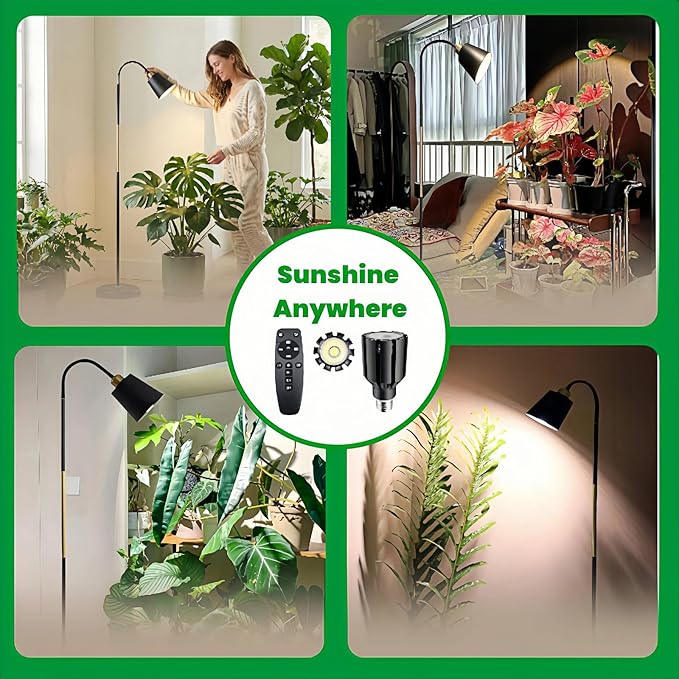 Floor Lamp Grow Lights for Indoor Plants, Adjustable Height Tall Standing Plant Light with Remote & Timer, 360° Gooseneck, Full Spectrum Dimmable, Weighted Base