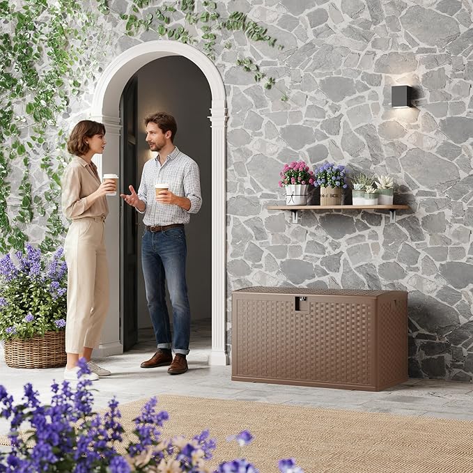 GarveeLife 120 Gallon Outdoor Storage Box, Large Resin Deck Box with Hydraulic Air Rod, Weatherproof & Lockable Outdoor Storage Bin for Patio Cushions, Garden Tools, Pool Supplies, Porch, Brown