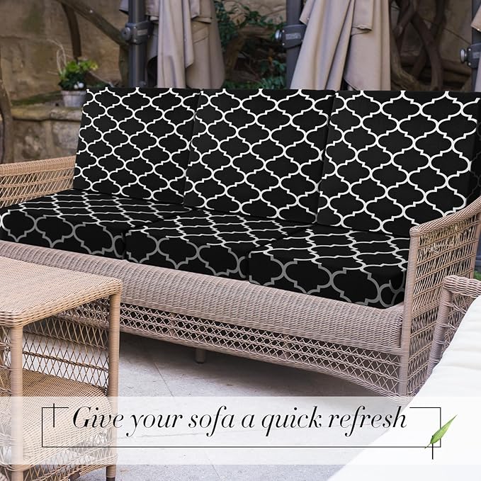 Newwiee 4 Pcs Waterproof Outdoor Cushion Covers for Patio Furniture Stretch Outdoor Couch Cushion Covers Replacement Moroccan Pattern Chair Seat Sofa Slipcovers Soft Flexibility Protector(Black)