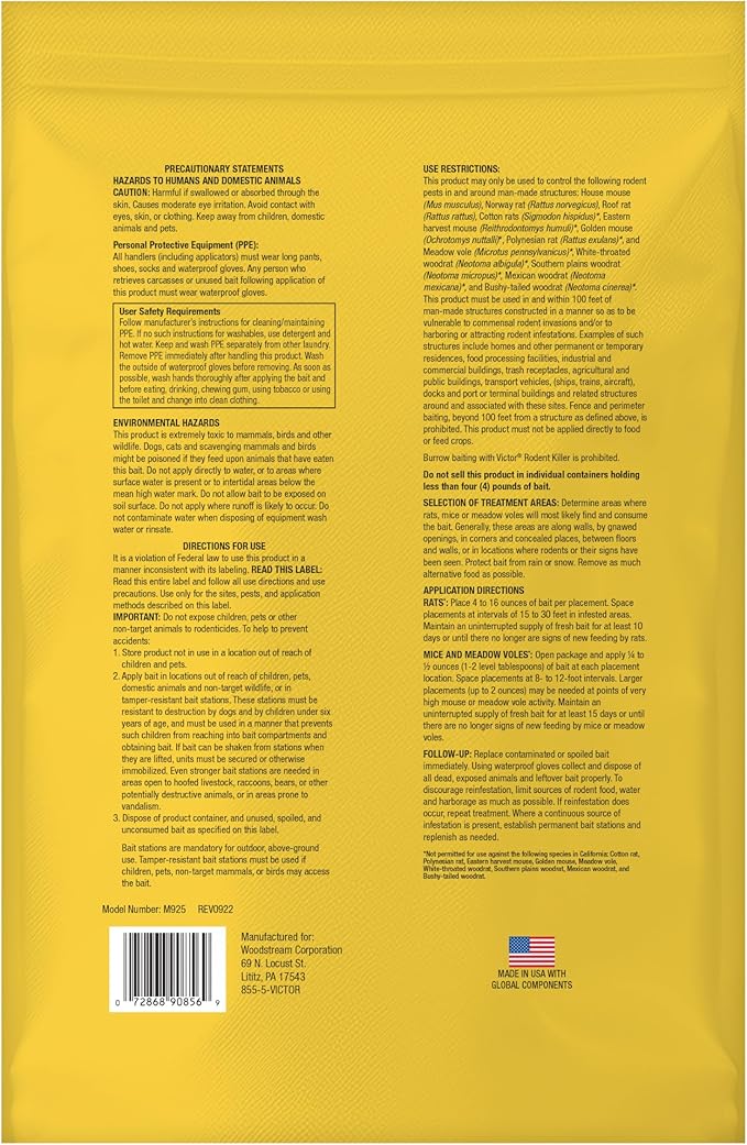 Victor Rat Poisoning for Inside & Outdoor Use - Kills Rats, Mice, Meadow Voles, Mouse Poisoning for Indoor & Outside Areas, Ready-to-Use, Yellow, M925, 4 lbs
